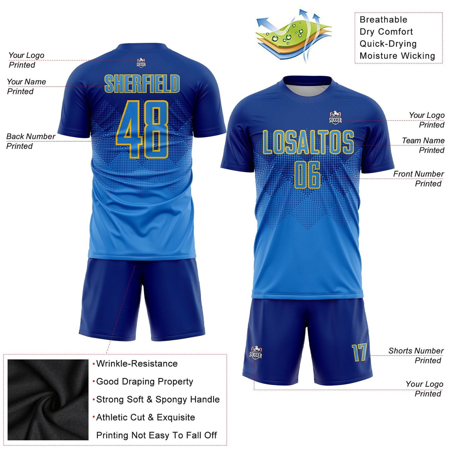 Custom Royal Powder Blue-Gold Sublimation Soccer Uniform Jersey view 3