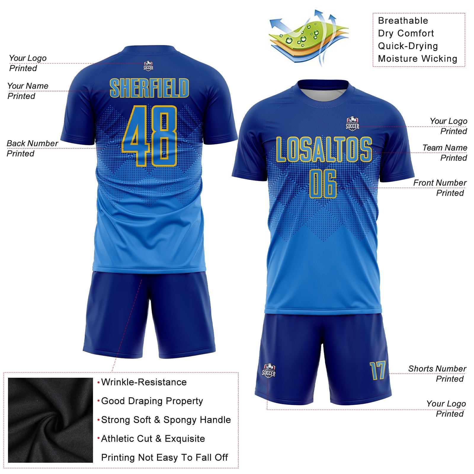 Custom Royal Powder Blue-Gold Sublimation Soccer Uniform Jersey view 3