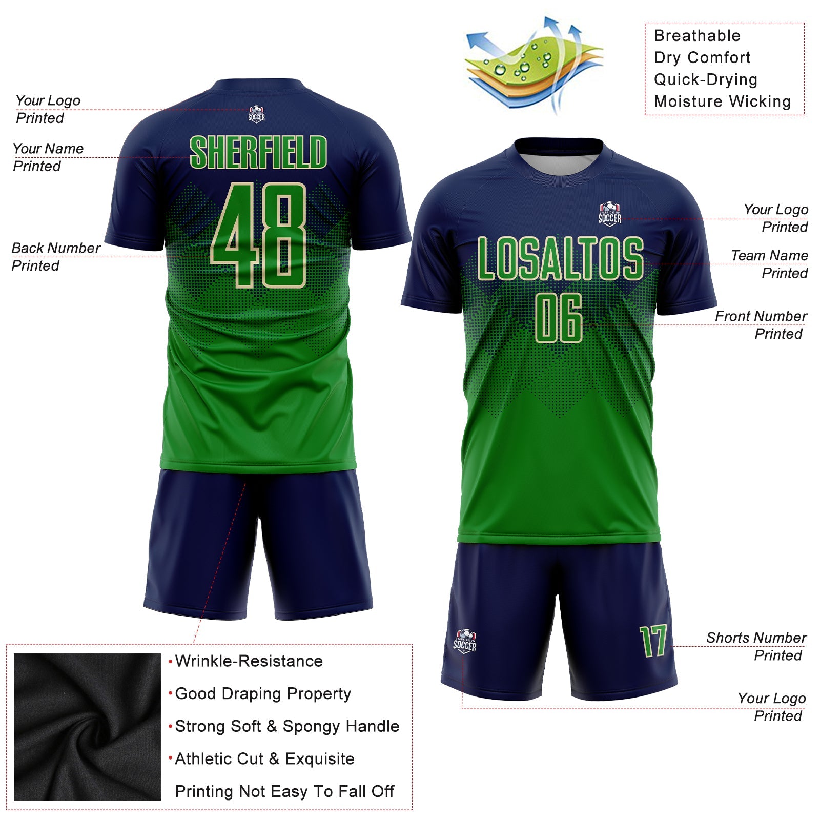 Custom Navy Grass Green-Cream Sublimation Soccer Uniform Jersey view 3