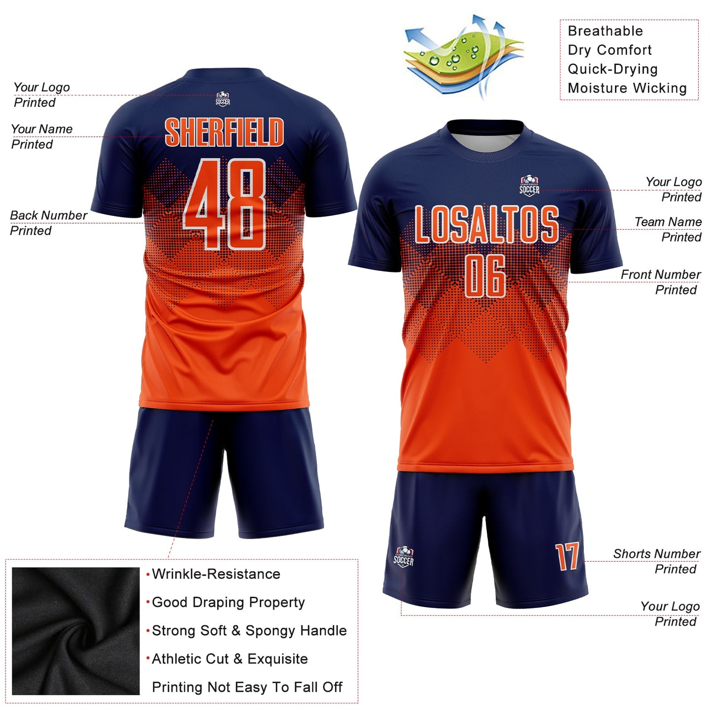 Custom Navy Orange-White Sublimation Soccer Uniform Jersey view 3
