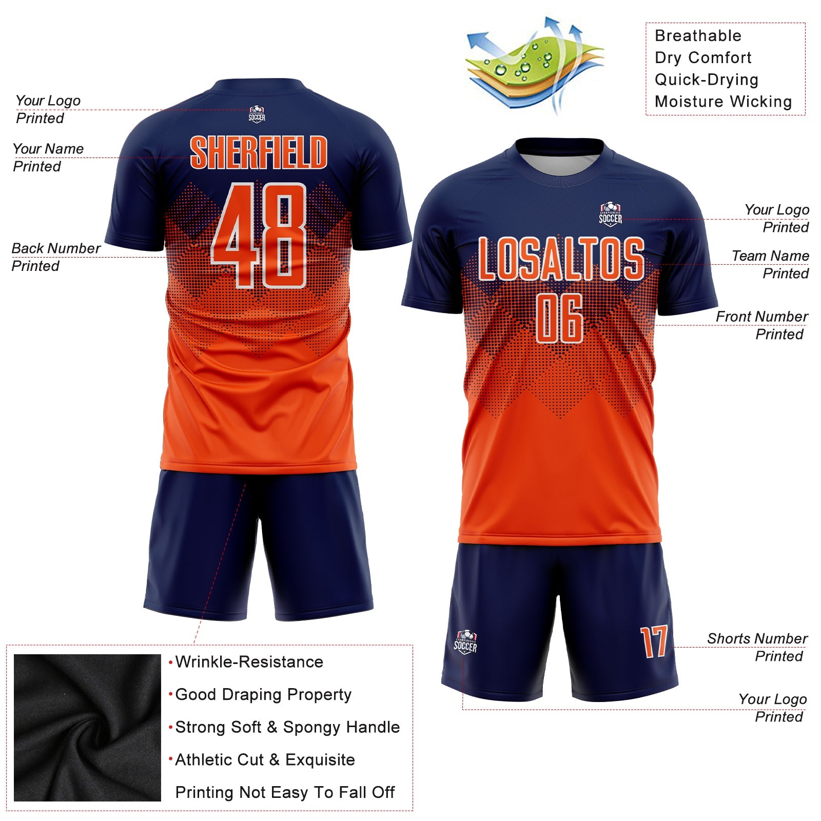 Custom Navy Orange-White Sublimation Soccer Uniform Jersey view 3
