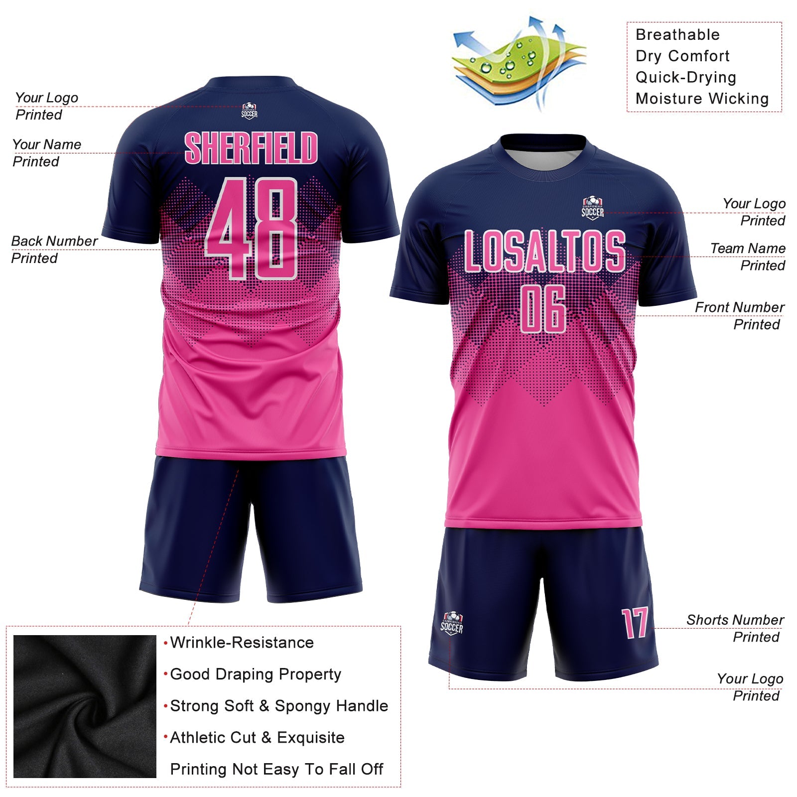 Custom Navy Pink-White Sublimation Soccer Uniform Jersey view 3