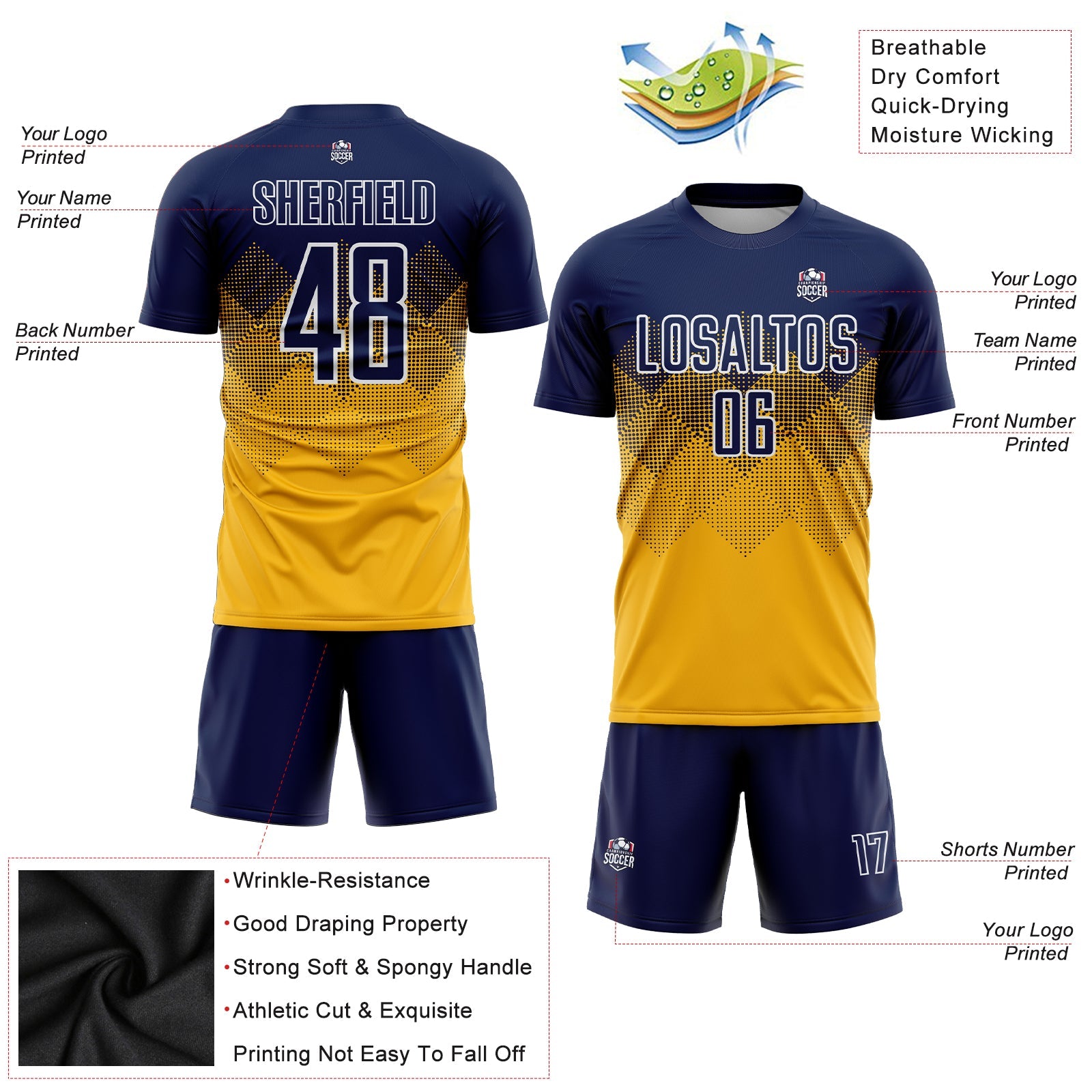 Custom Gold Navy-White Sublimation Soccer Uniform Jersey view 3