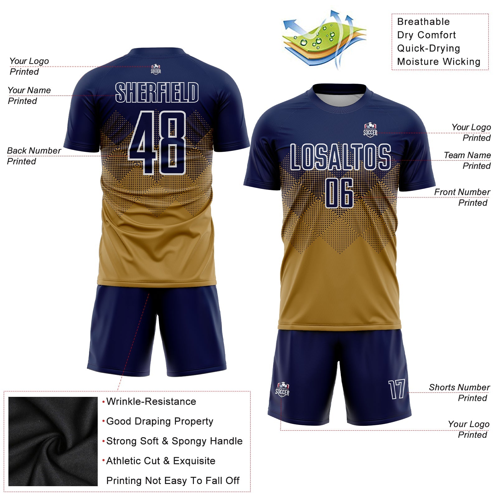 Custom Old Gold Navy-White Sublimation Soccer Uniform Jersey view 3