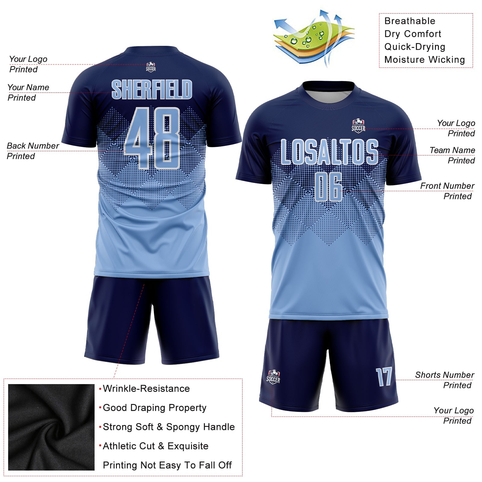 Custom Navy Light Blue-White Sublimation Soccer Uniform Jersey view 3