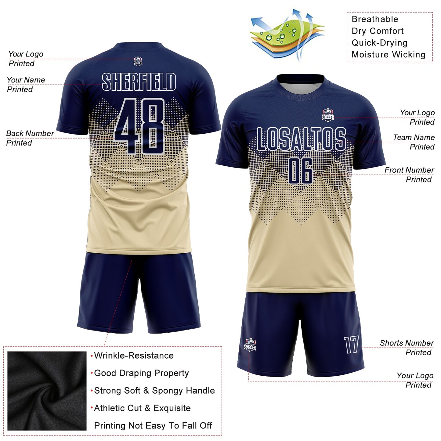 Custom Cream Navy-White Sublimation Soccer Uniform Jersey view 3