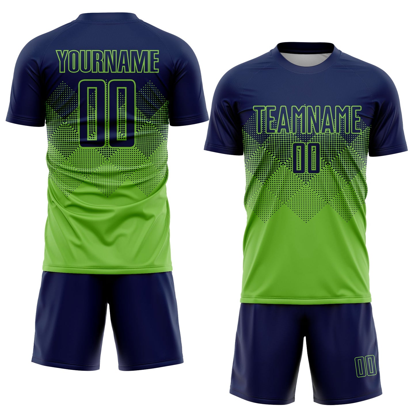 Custom Neon Green Navy Sublimation Soccer Uniform Jersey view 2