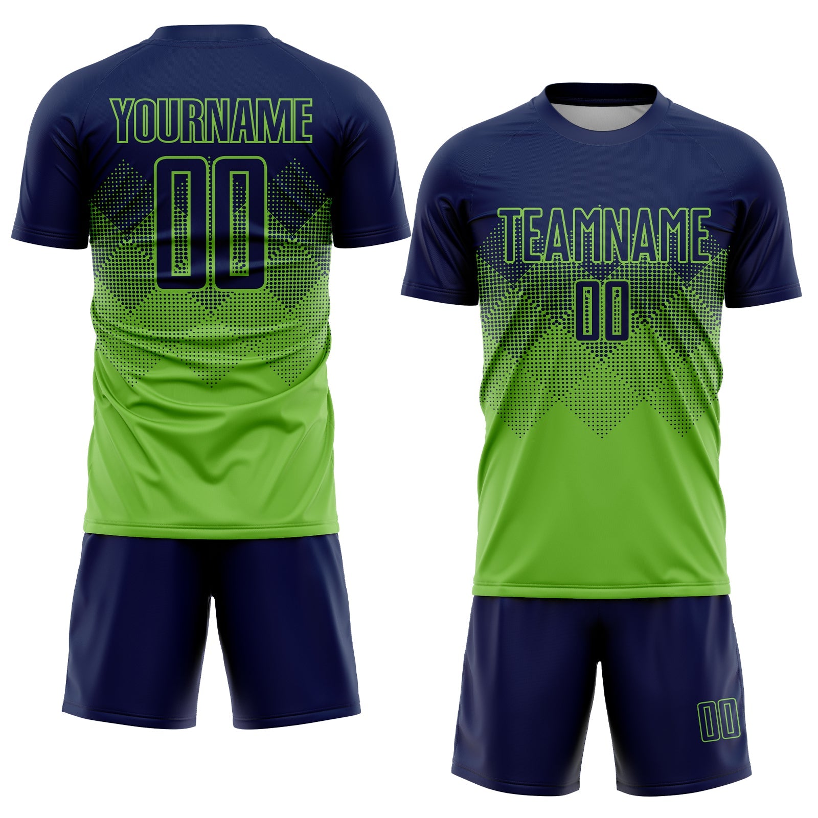 Custom Neon Green Navy Sublimation Soccer Uniform Jersey view 2
