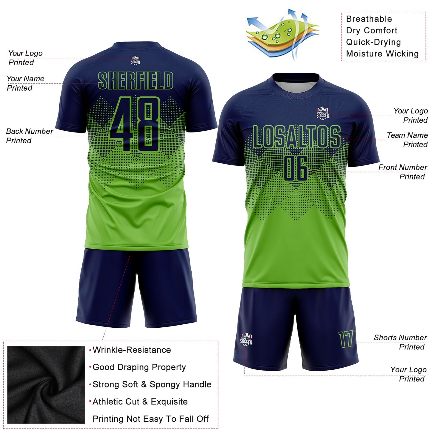 Custom Neon Green Navy Sublimation Soccer Uniform Jersey view 3