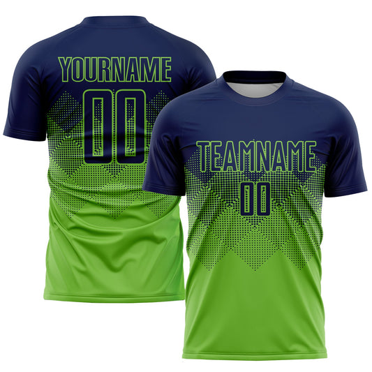 Custom Neon Green Navy Sublimation Soccer Uniform Jersey - Main View