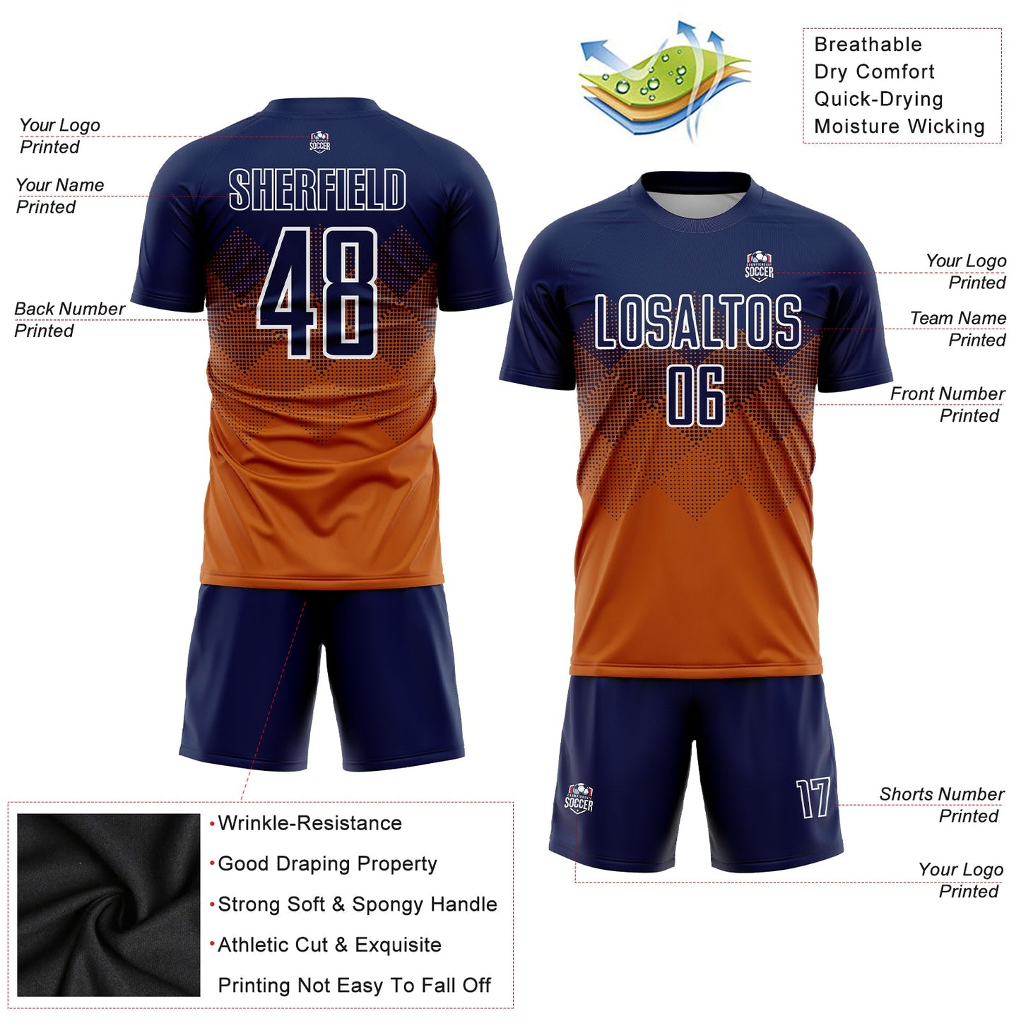 Custom Texas Orange Navy-White Sublimation Soccer Uniform Jersey view 3