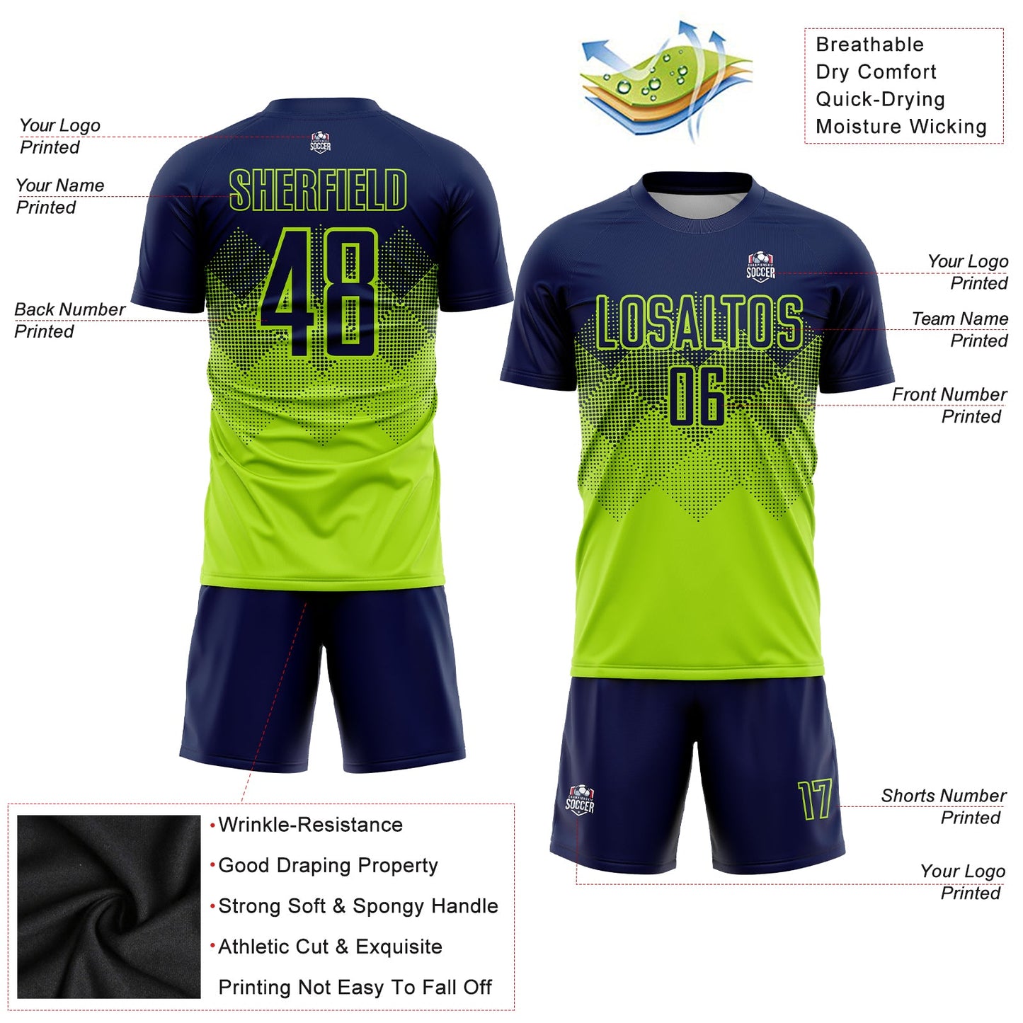 Custom Neon Green Navy Sublimation Soccer Uniform Jersey view 6