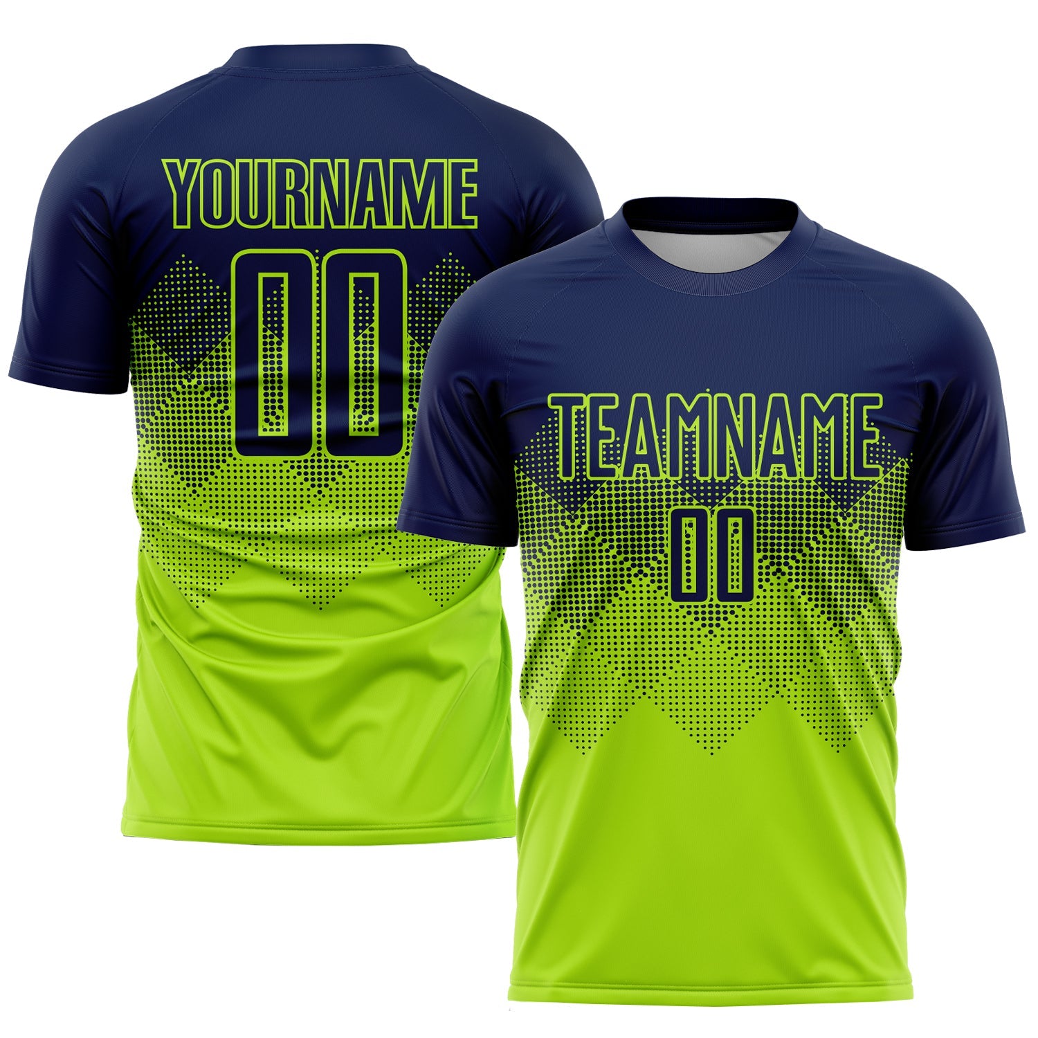 Custom Neon Green Navy Sublimation Soccer Uniform Jersey - Main View