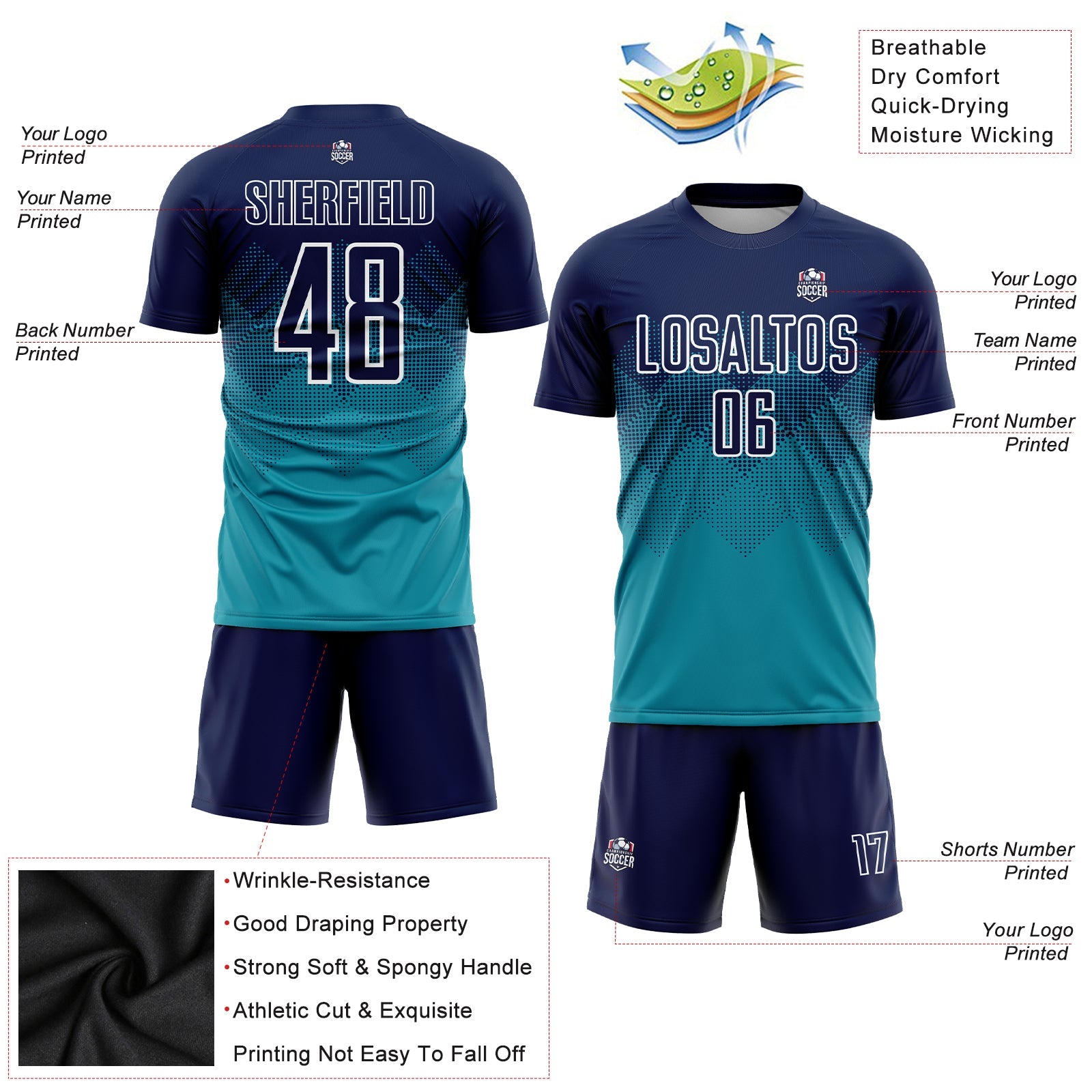 Custom Teal Navy-White Sublimation Soccer Uniform Jersey view 3