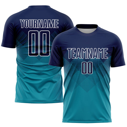 Custom Teal Navy-White Sublimation Soccer Uniform Jersey - Main View