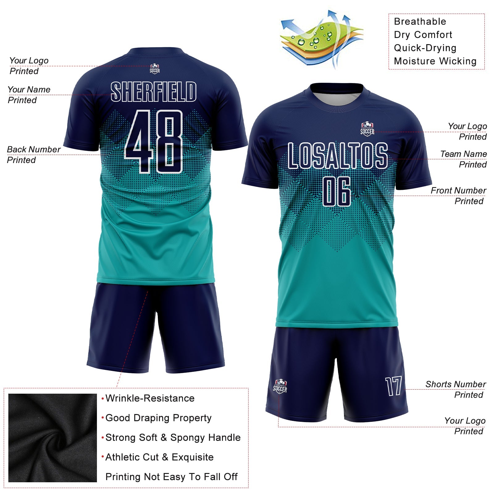 Custom Aqua Navy-White Sublimation Soccer Uniform Jersey view 3