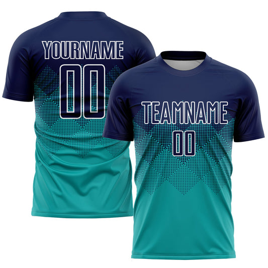 Custom Aqua Navy-White Sublimation Soccer Uniform Jersey - Main View