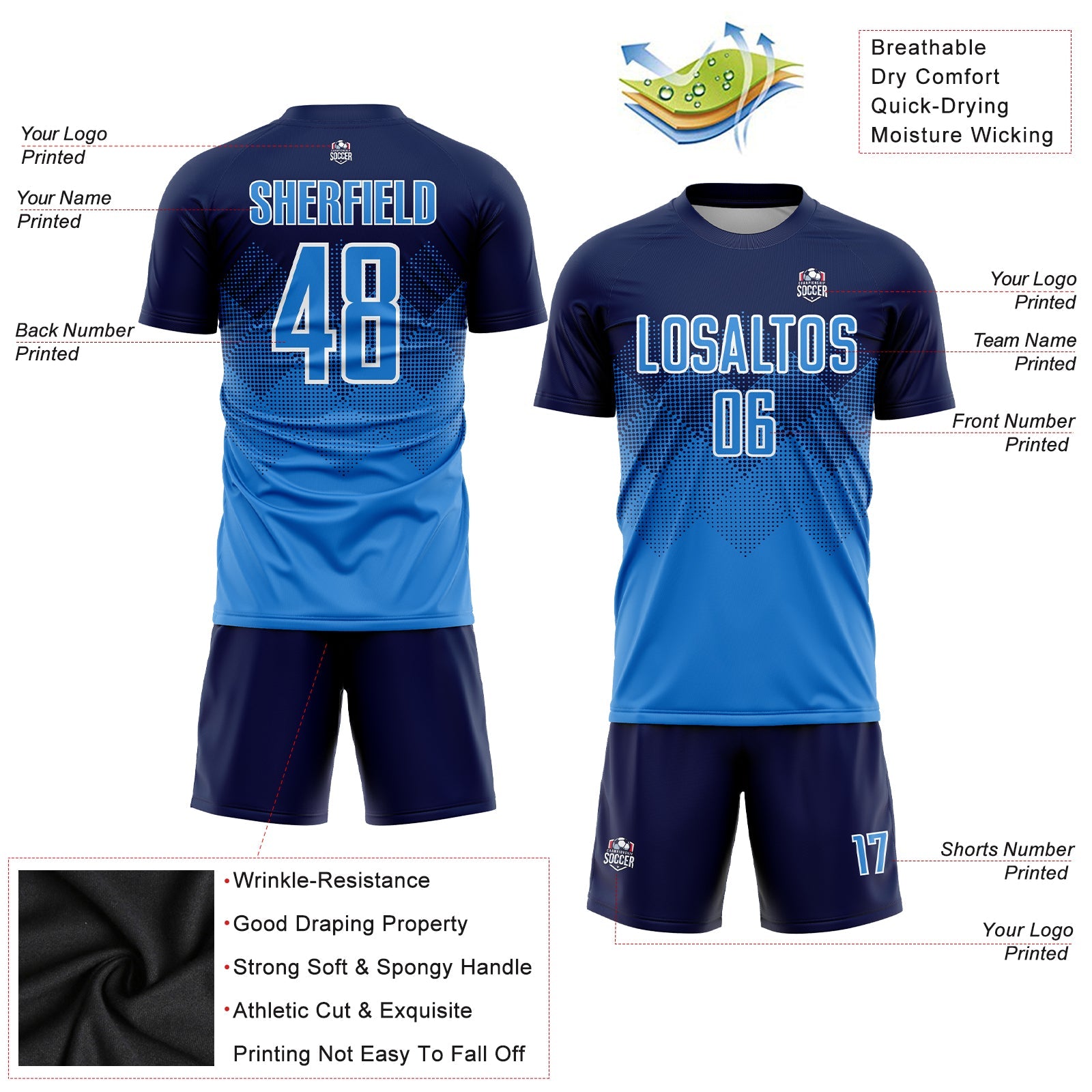 Custom Navy Powder Blue-White Sublimation Soccer Uniform Jersey view 5