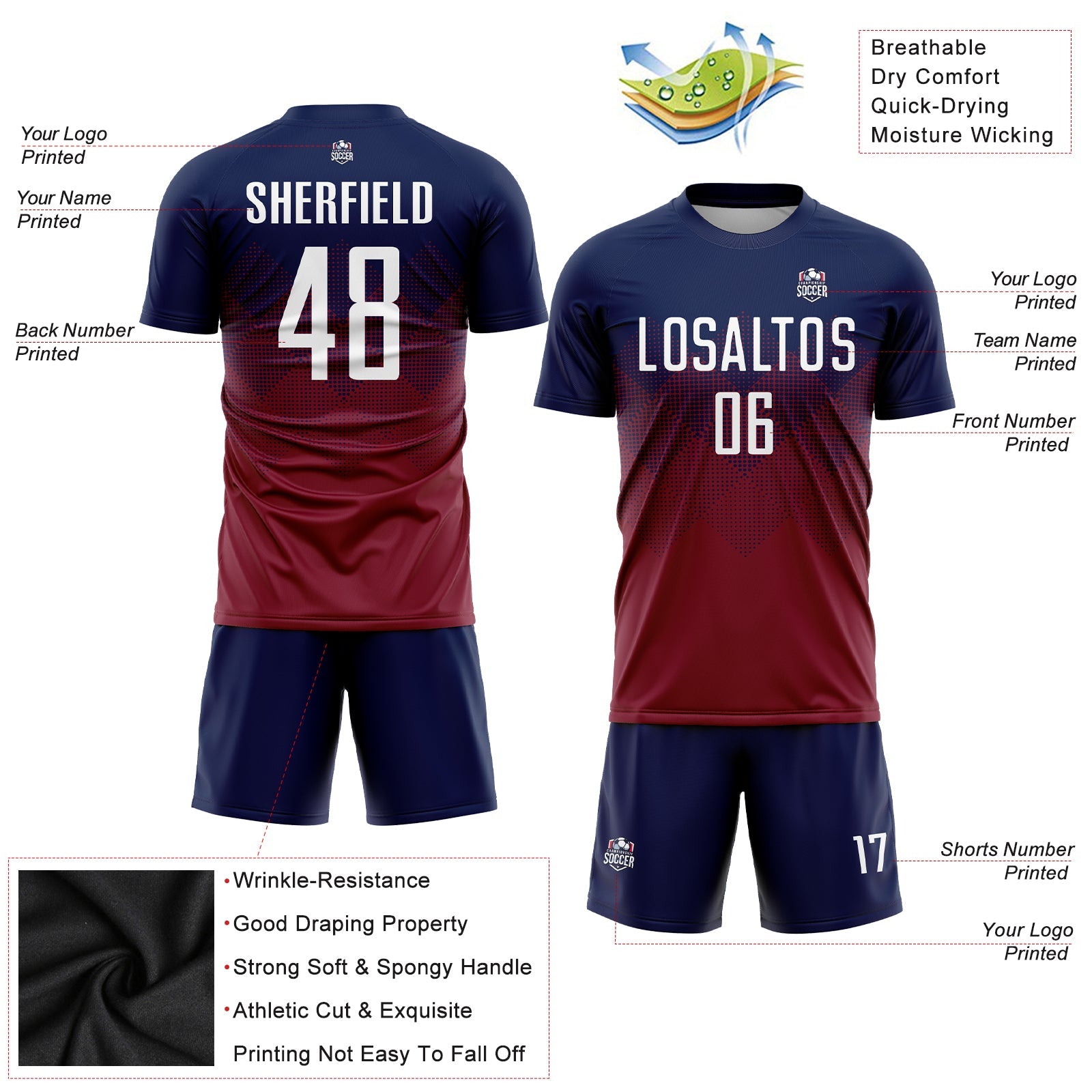 Custom Navy White-Crimson Sublimation Soccer Uniform Jersey view 4