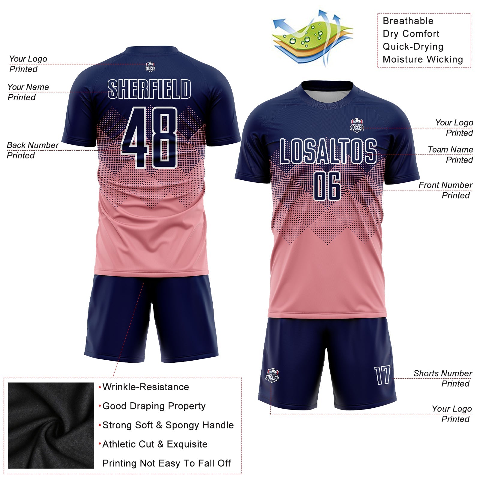 Custom Medium Pink Navy-White Sublimation Soccer Uniform Jersey view 3