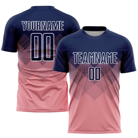 Custom Medium Pink Navy-White Sublimation Soccer Uniform Jersey - Main View