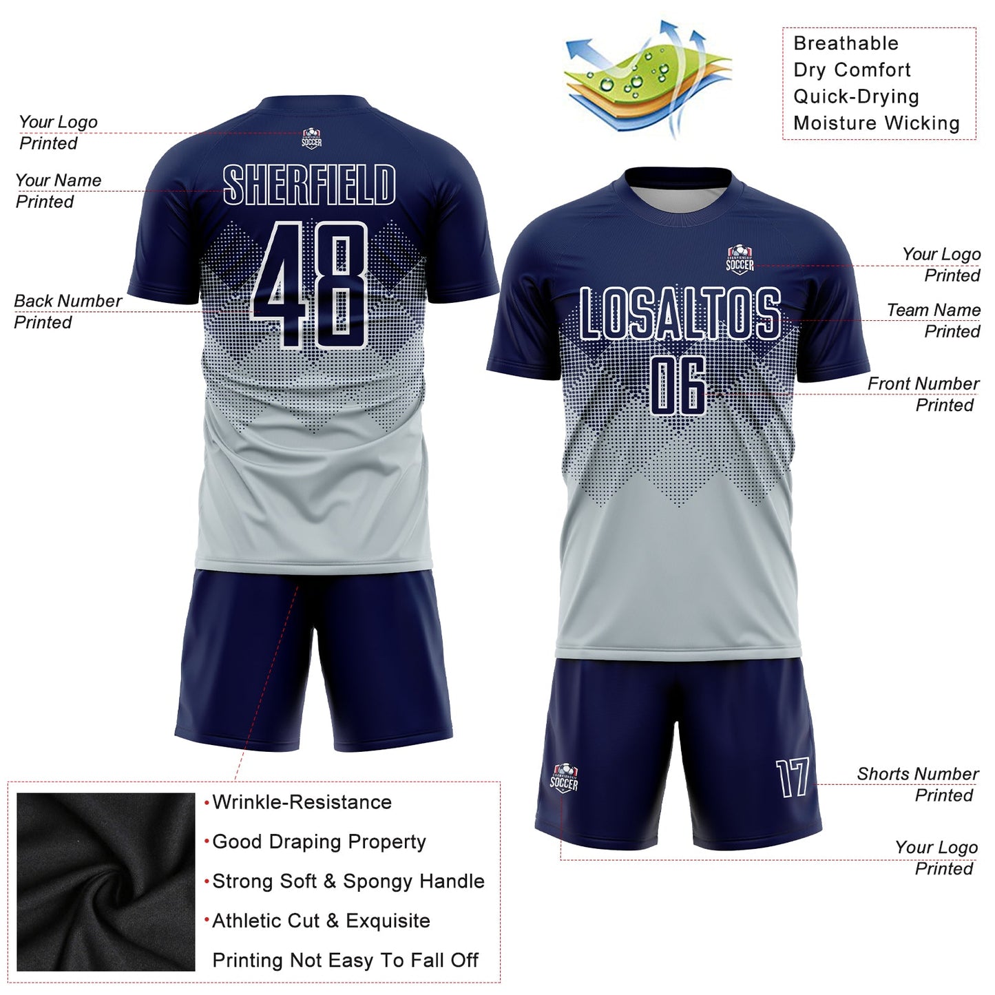 Custom Silver Navy-White Sublimation Soccer Uniform Jersey view 3