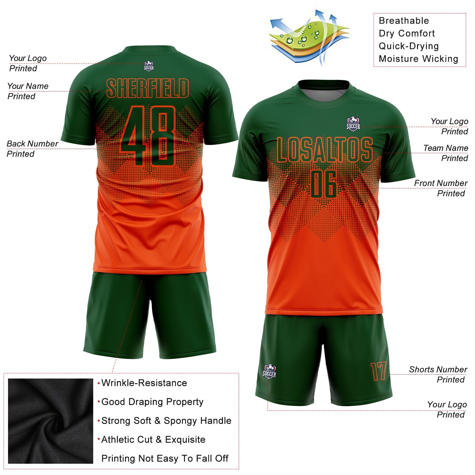 Custom Orange Green Sublimation Soccer Uniform Jersey view 3
