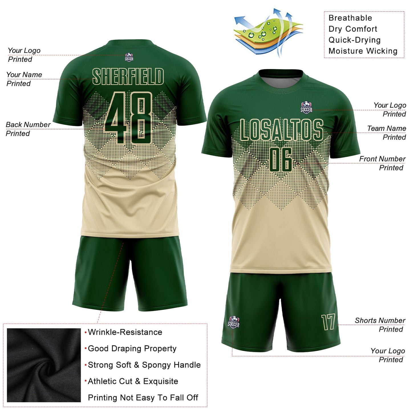 Custom Cream Green Sublimation Soccer Uniform Jersey view 3