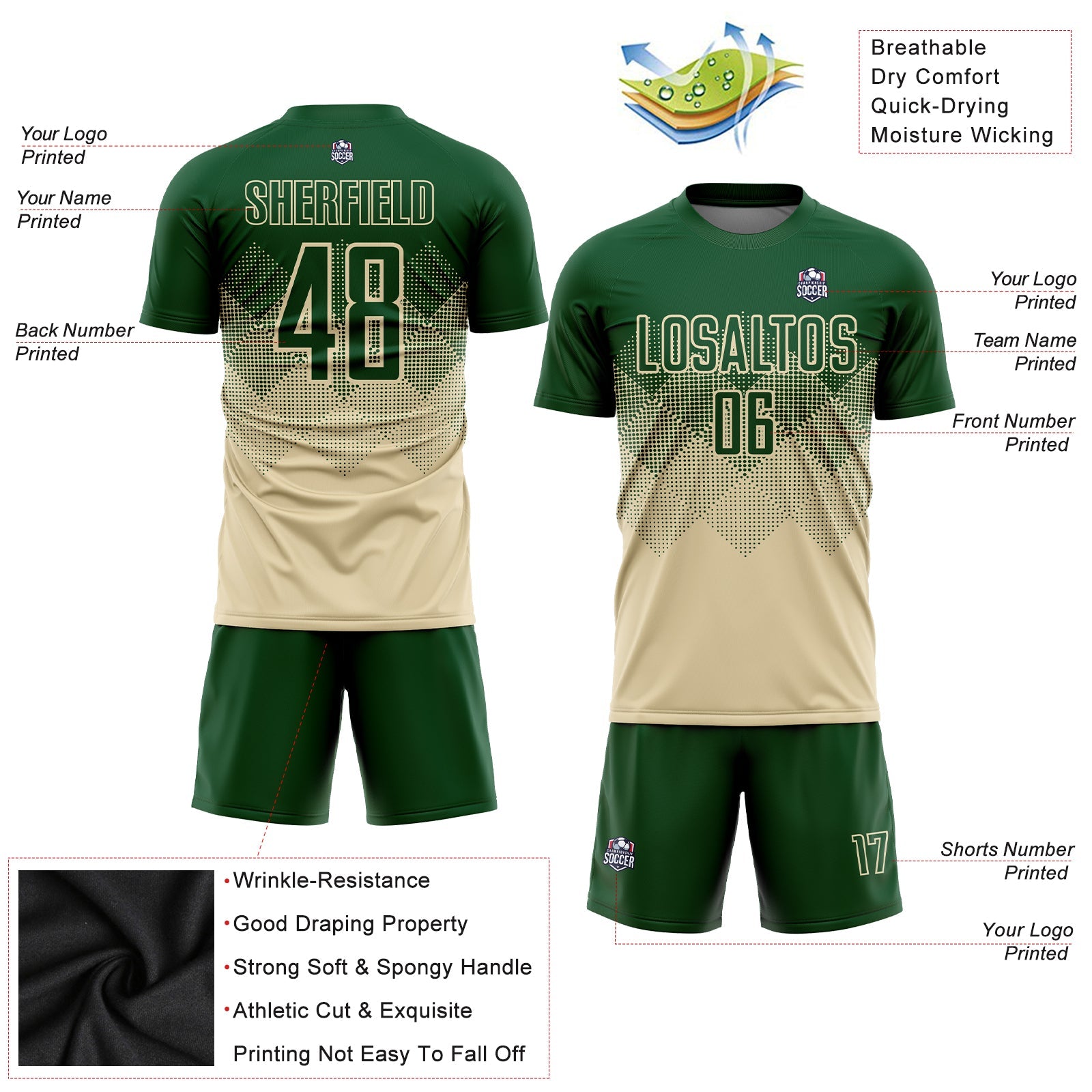 Custom Cream Green Sublimation Soccer Uniform Jersey view 3