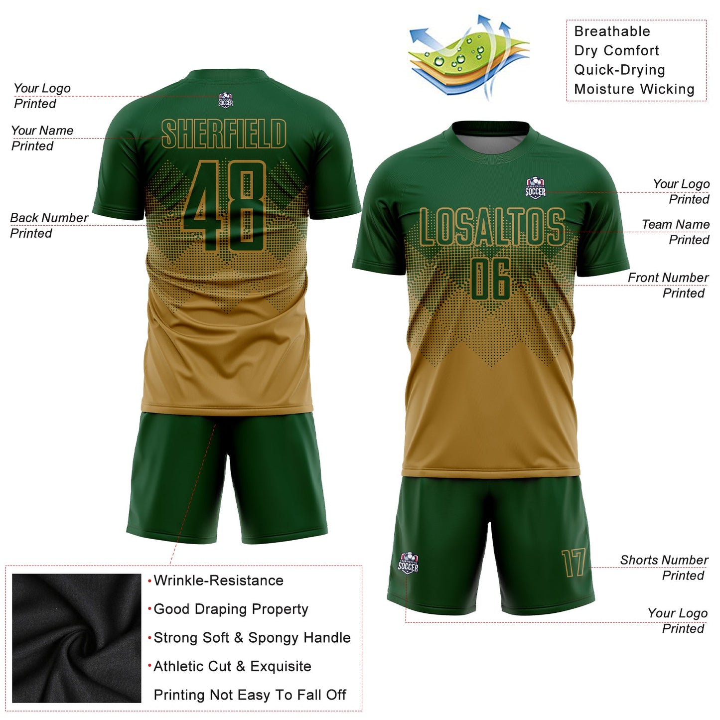 Custom Old Gold Green Sublimation Soccer Uniform Jersey view 3