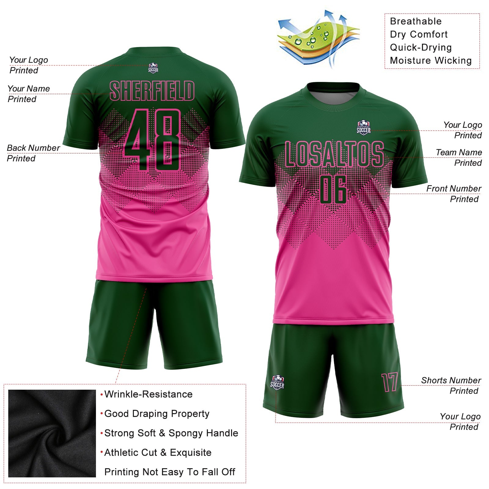 Custom Pink Green Sublimation Soccer Uniform Jersey view 3