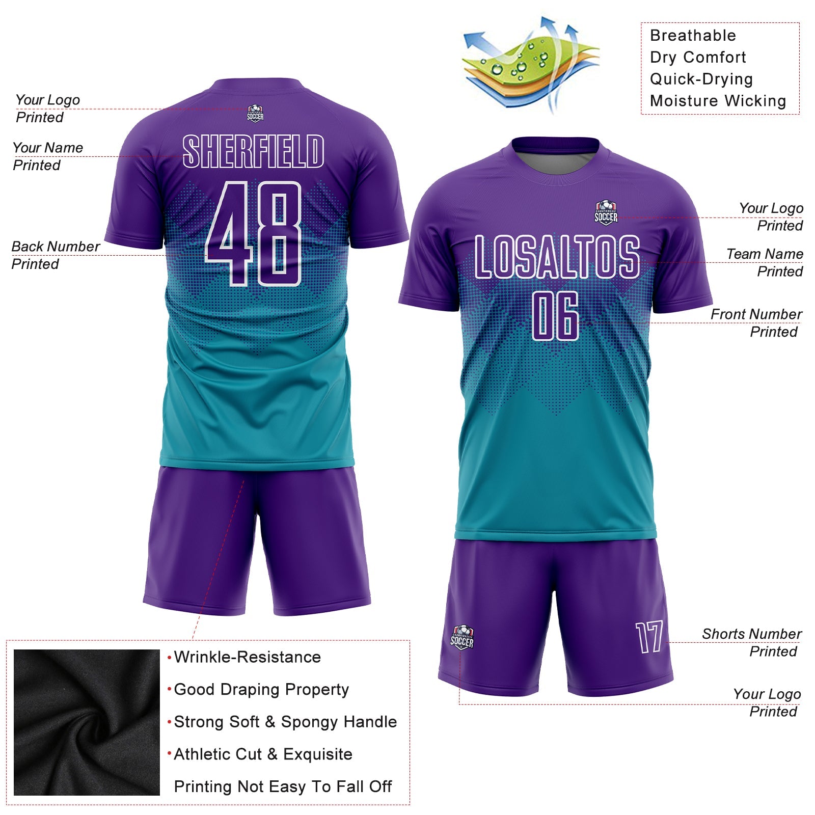 Custom Teal Purple-White Sublimation Soccer Uniform Jersey view 4