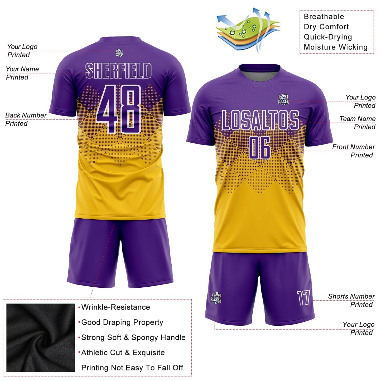 Custom Gold Purple-White Sublimation Soccer Uniform Jersey view 3