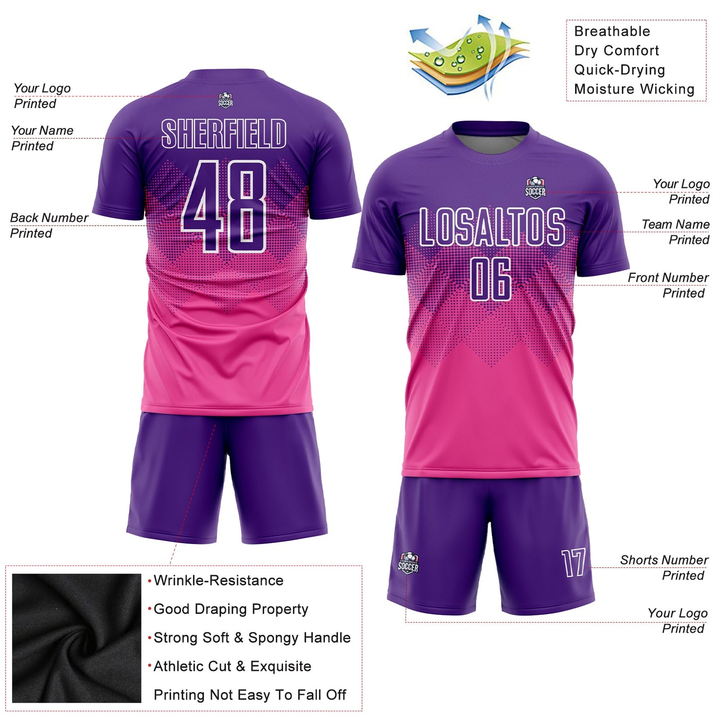 Custom Pink Purple-White Sublimation Soccer Uniform Jersey view 5