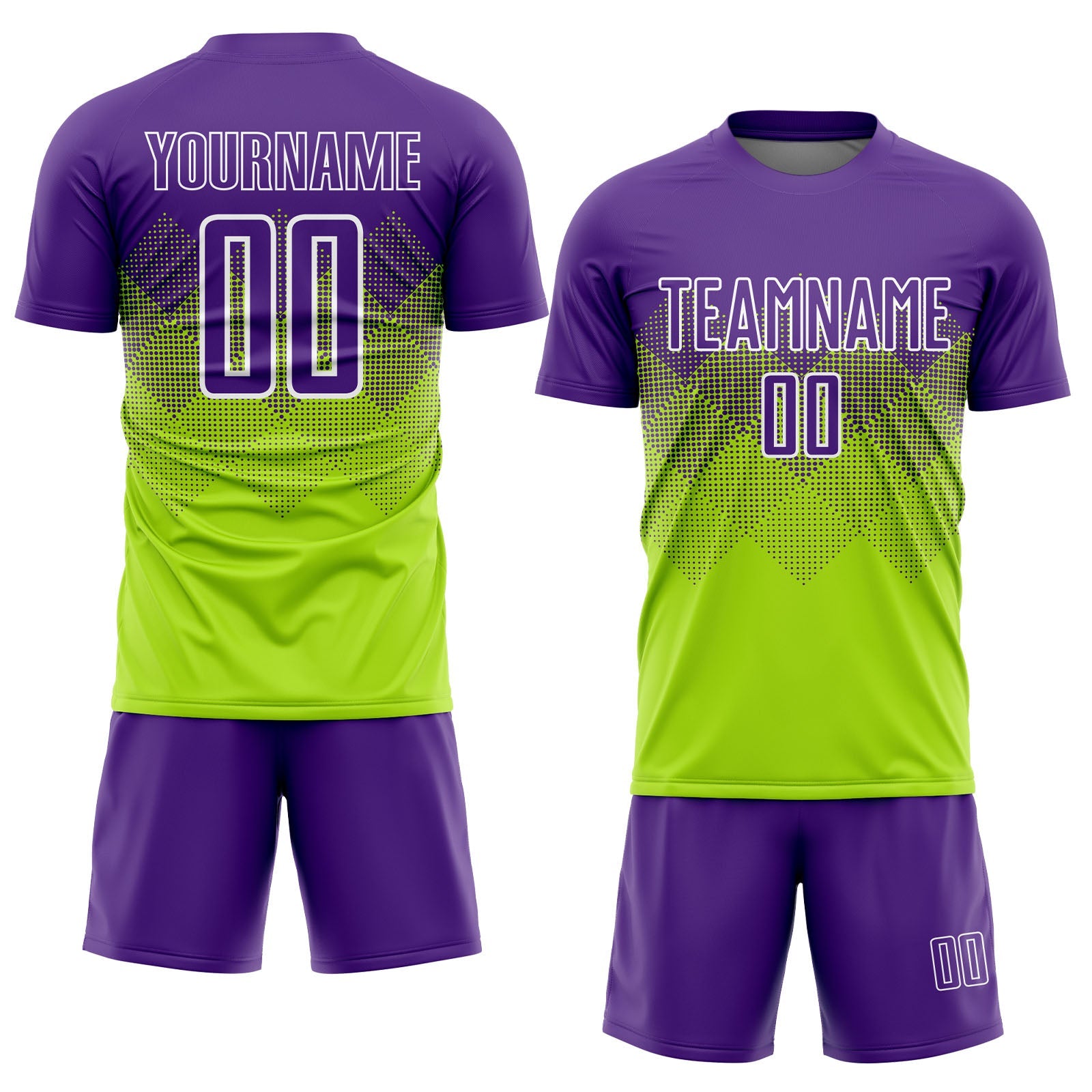 Custom Neon Green Purple-White Sublimation Soccer Uniform Jersey view 2