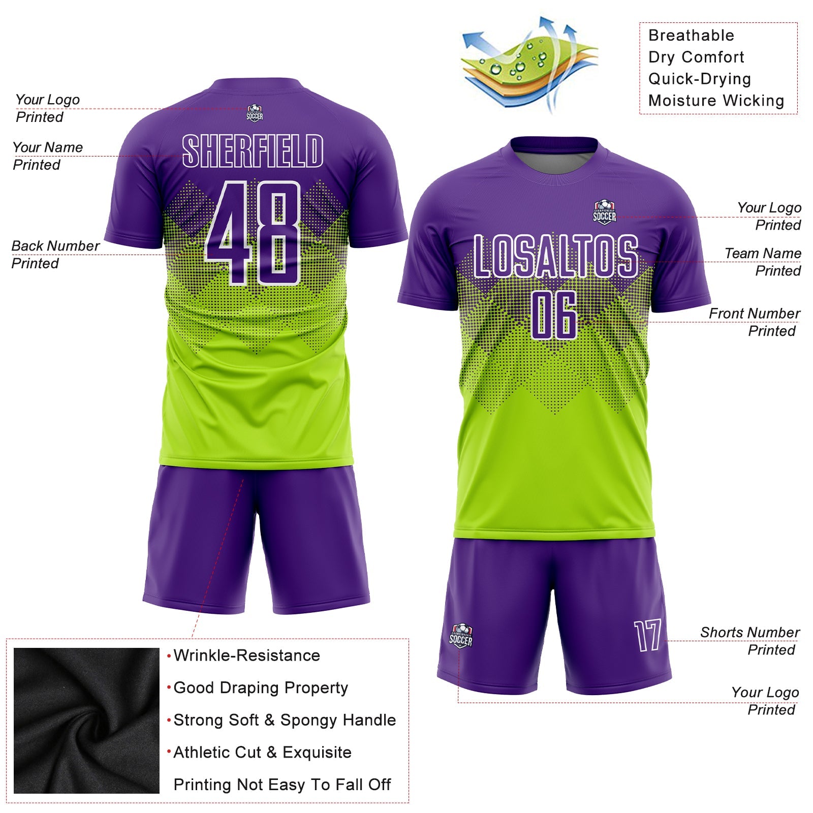Custom Neon Green Purple-White Sublimation Soccer Uniform Jersey view 3