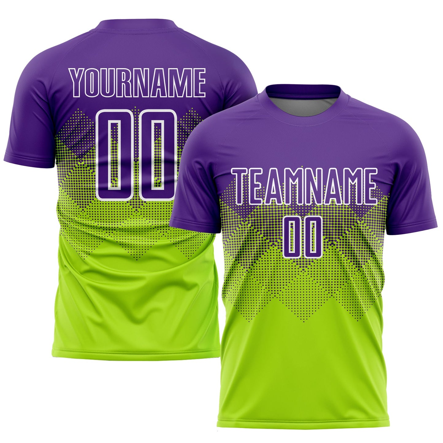 Custom Neon Green Purple-White Sublimation Soccer Uniform Jersey - Main View