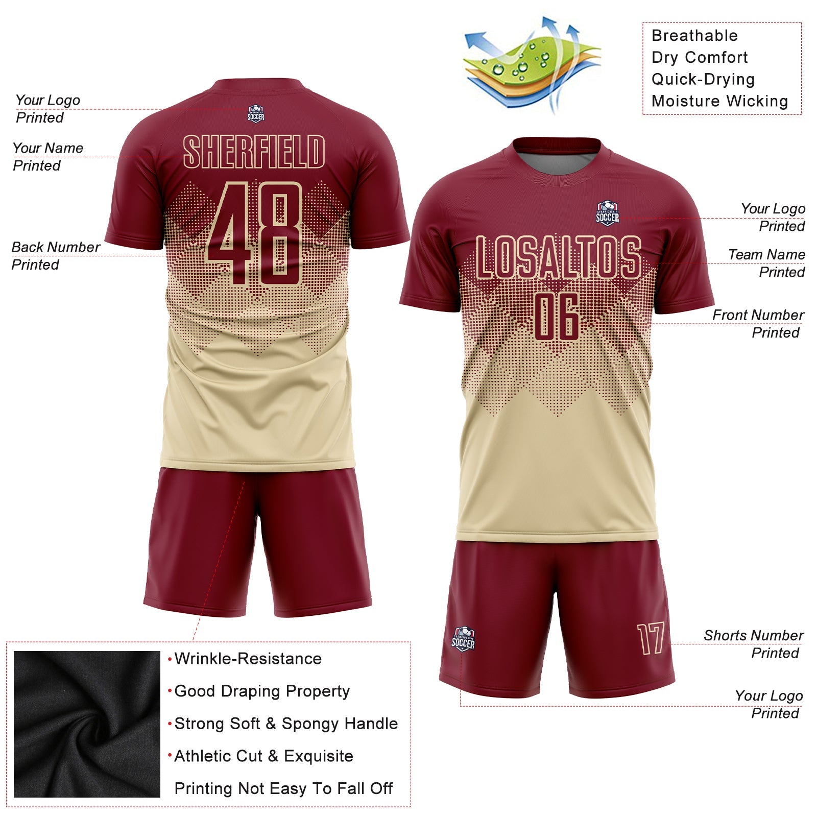Custom Cream Crimson Sublimation Soccer Uniform Jersey view 3