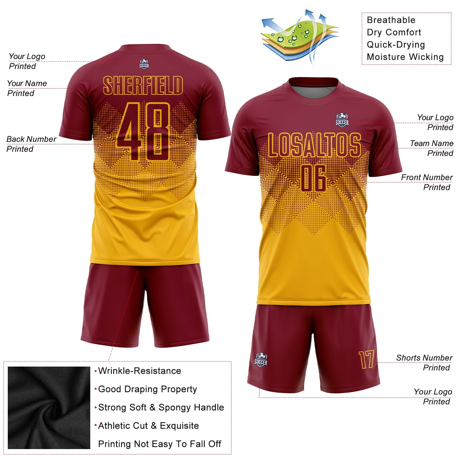 Custom Gold Crimson Sublimation Soccer Uniform Jersey view 3
