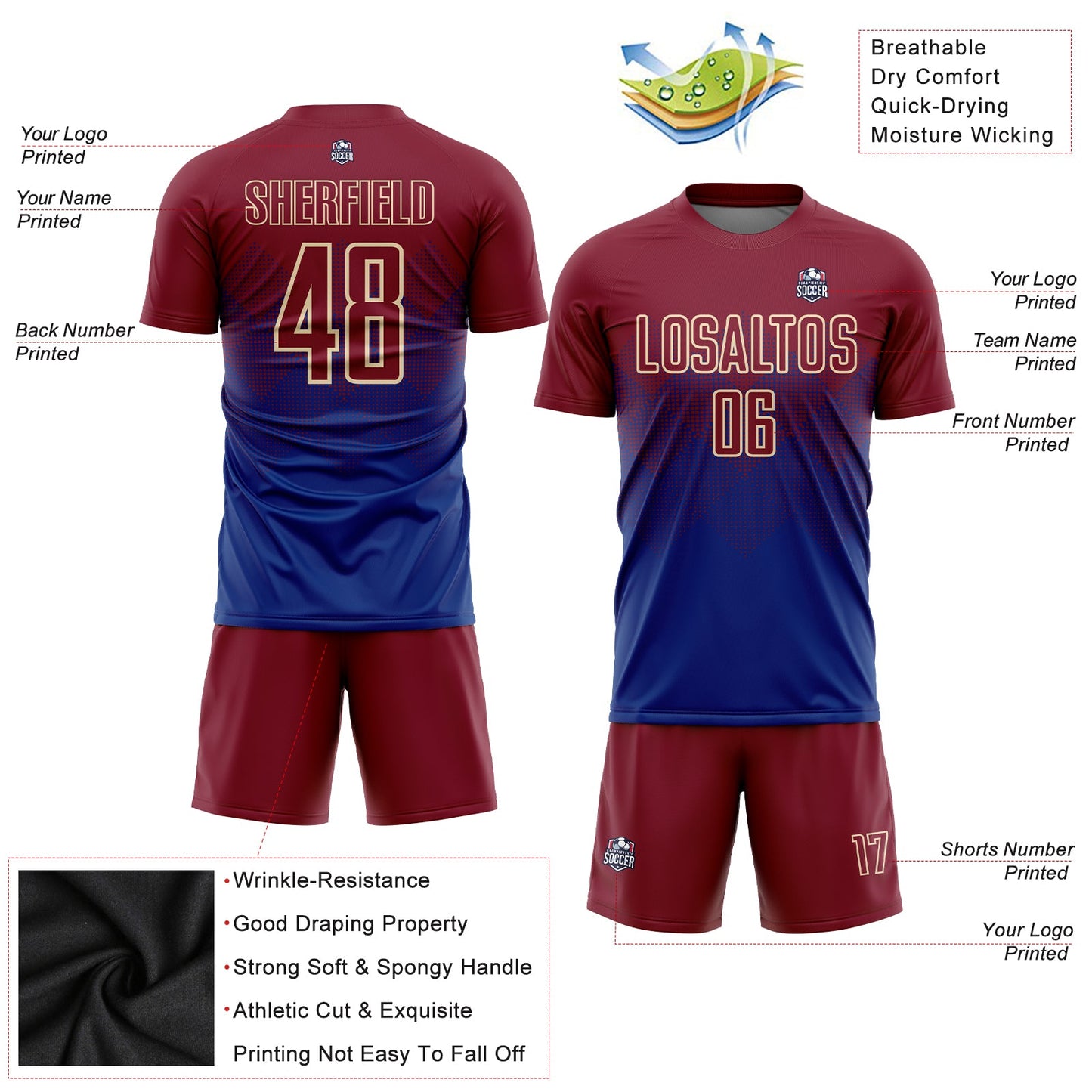 Custom Royal Crimson-Cream Sublimation Soccer Uniform Jersey view 3