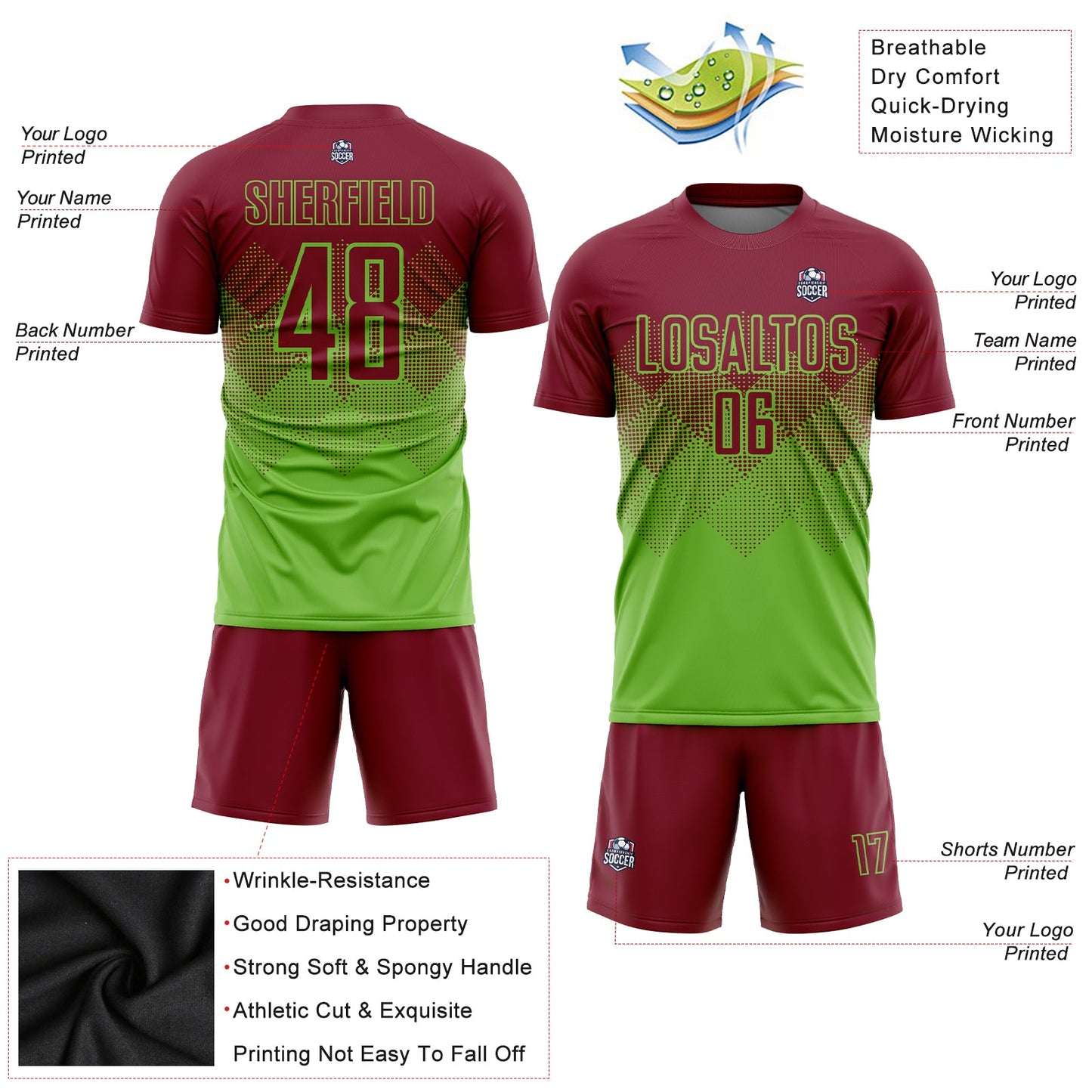 Custom Neon Green Crimson Sublimation Soccer Uniform Jersey view 3