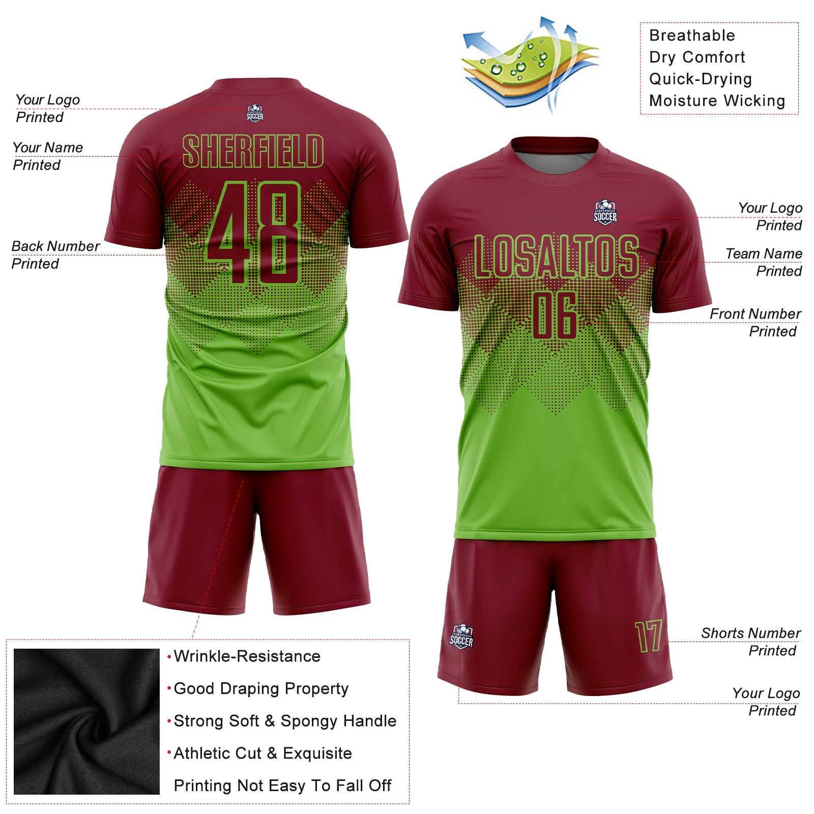 Custom Neon Green Crimson Sublimation Soccer Uniform Jersey view 3