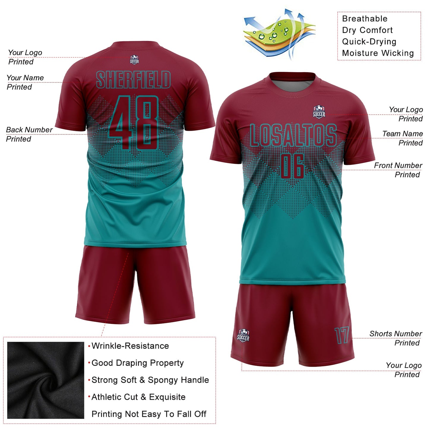 Custom Teal Crimson Sublimation Soccer Uniform Jersey view 3
