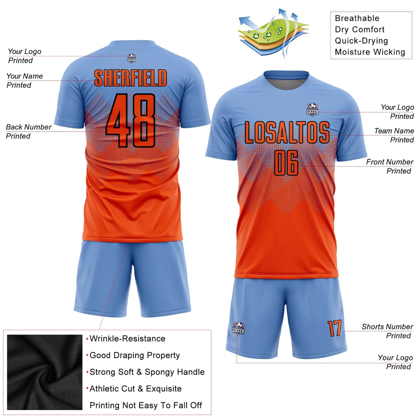 Custom Light Blue Orange-Black Sublimation Soccer Uniform Jersey view 3