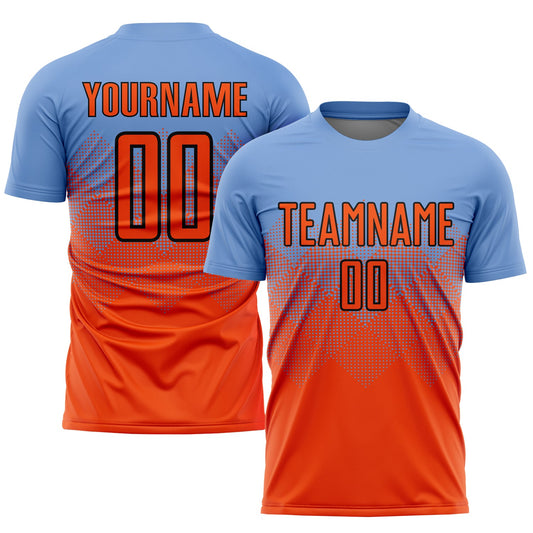 Custom Light Blue Orange-Black Sublimation Soccer Uniform Jersey - Main View