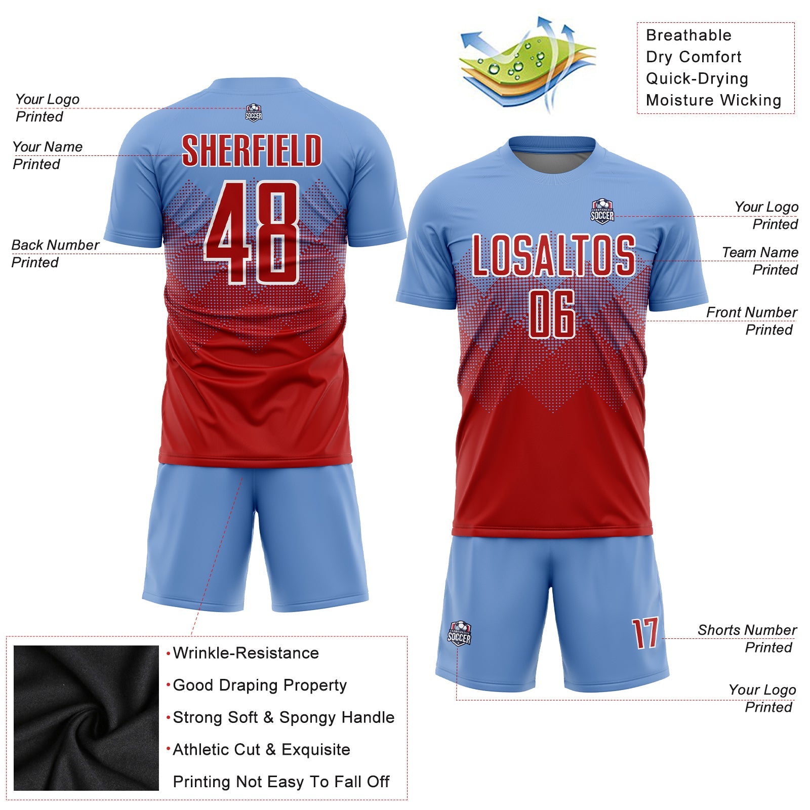 Custom Light Blue Red-White Sublimation Soccer Uniform Jersey view 3