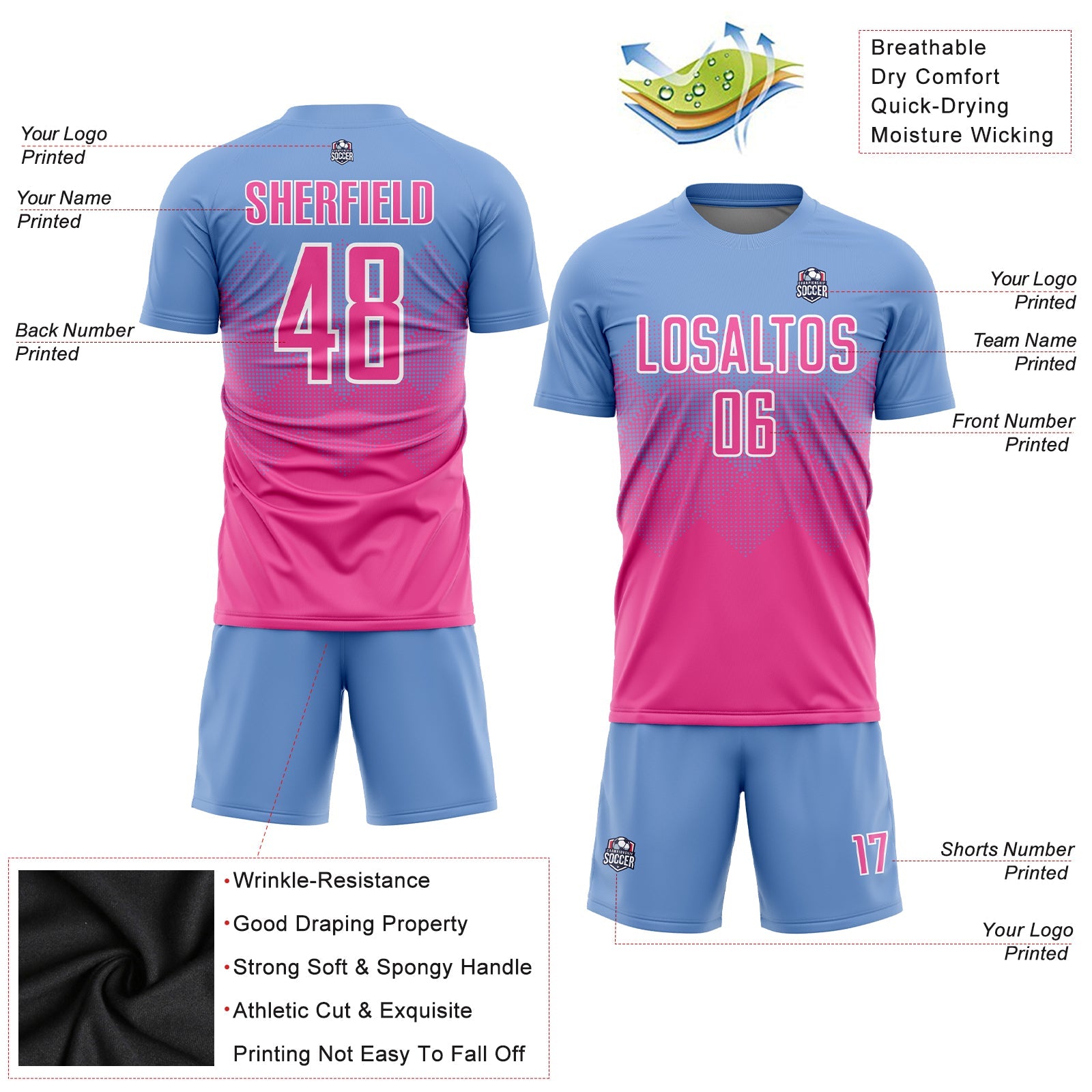 Custom Light Blue Pink-White Sublimation Soccer Uniform Jersey view 3