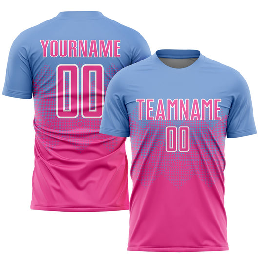 Custom Light Blue Pink-White Sublimation Soccer Uniform Jersey - Main View