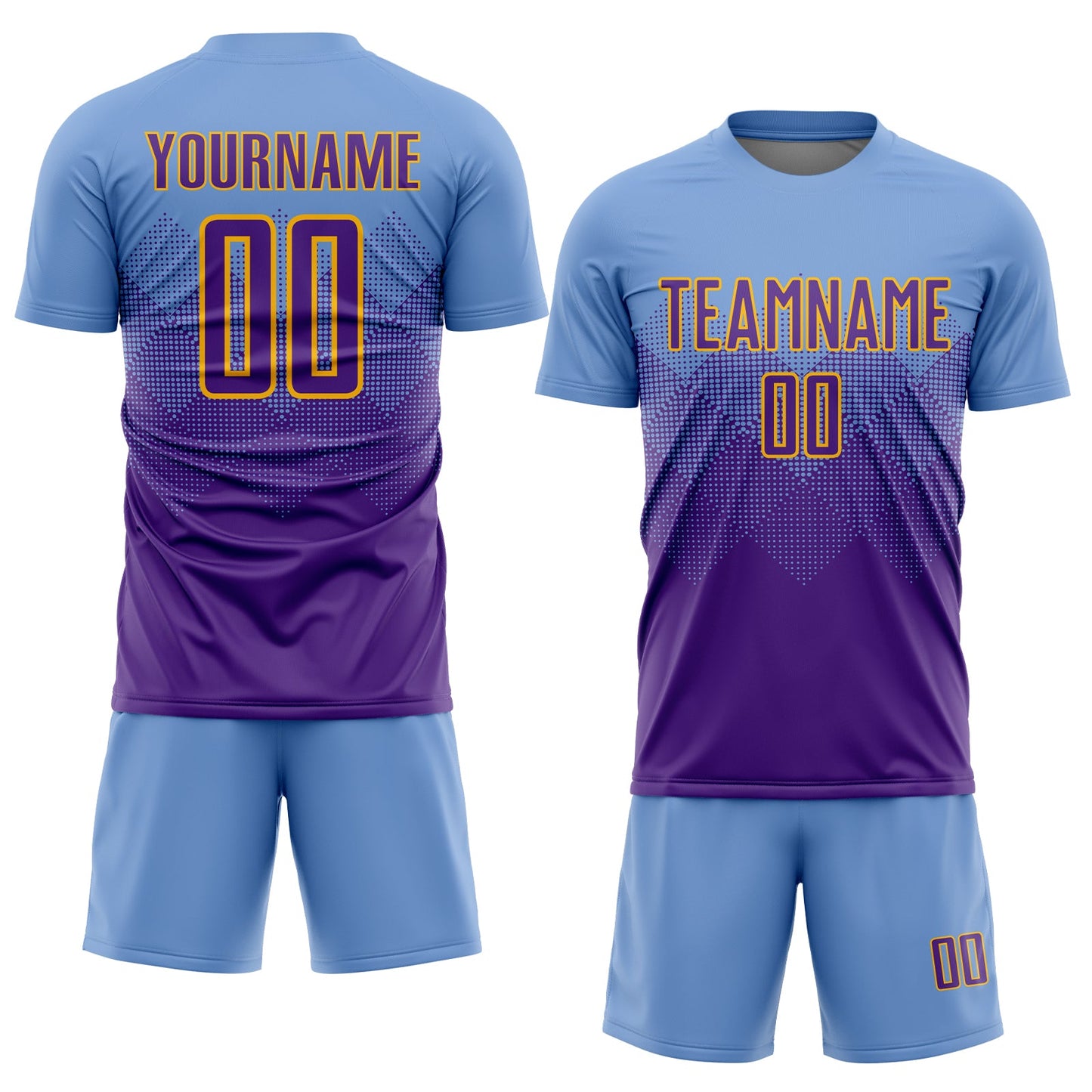 Custom Light Blue Purple-Gold Sublimation Soccer Uniform Jersey view 2