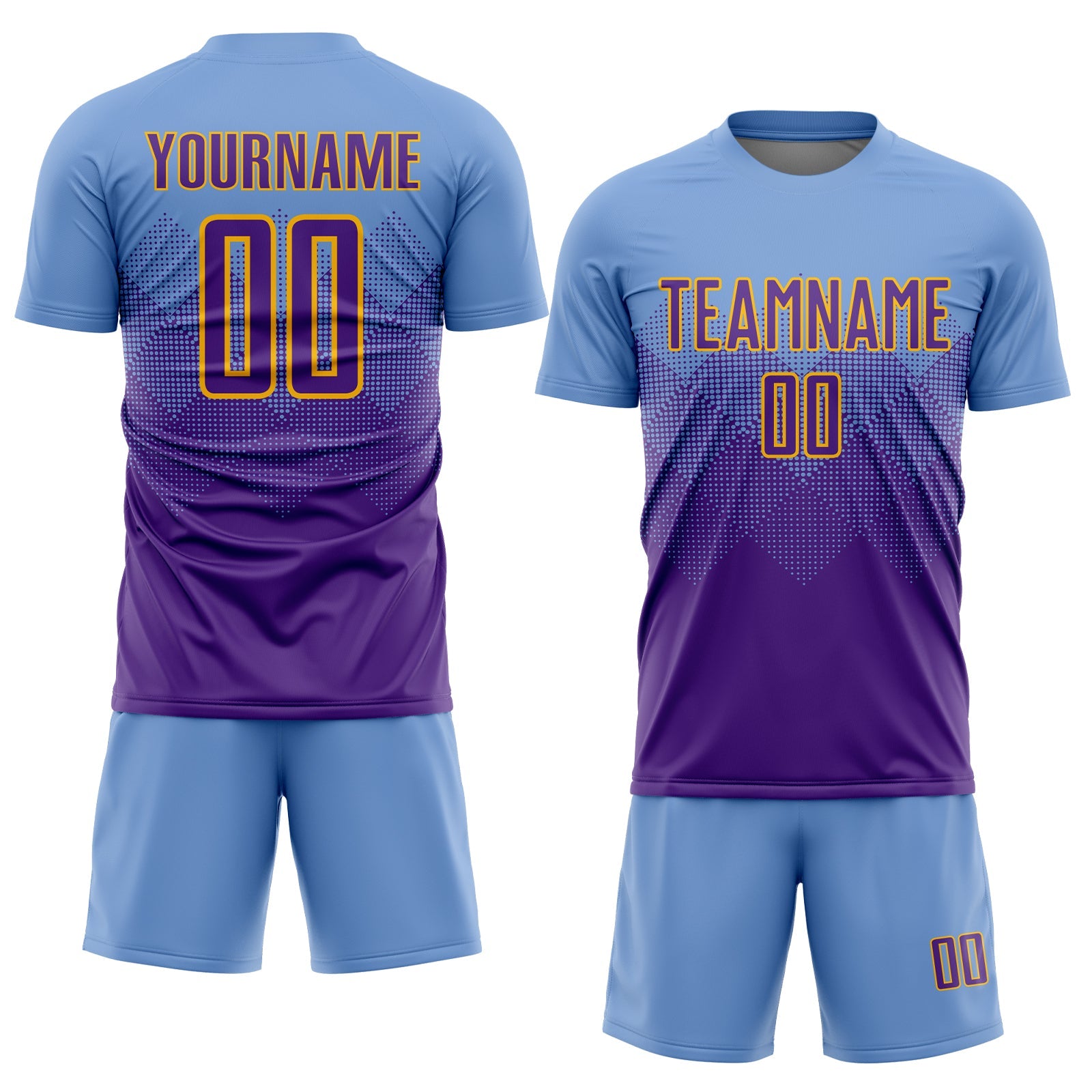 Custom Light Blue Purple-Gold Sublimation Soccer Uniform Jersey view 2